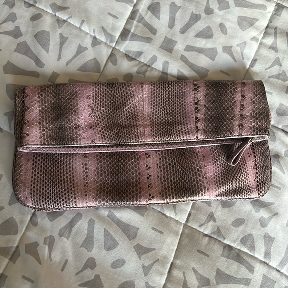 Beirn Striped Snakeskin Print Zipper Envelope Clutch Handbag Pink Large - Picture 1 of 7
